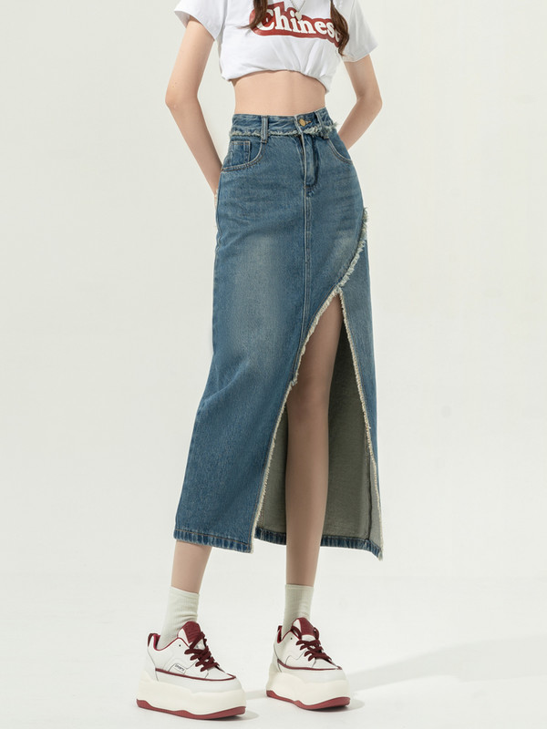 Fuste din denim femei la modă timp liber cu talie înaltă cu ciucuri asimetrice solide, simple, vară, confortabile, îmbrăcăminte pentru femei, îmbrăcăminte de stradă cu design cu fantă