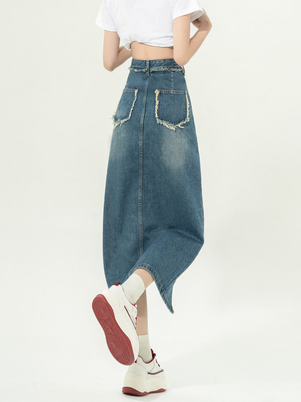 Fuste din denim femei la modă timp liber cu talie înaltă cu ciucuri asimetrice solide, simple, vară, confortabile, îmbrăcăminte pentru femei, îmbrăcăminte de stradă cu design cu fantă