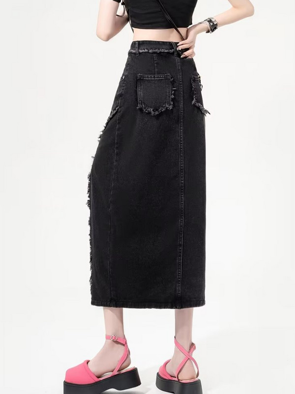 Fuste din denim femei la modă timp liber cu talie înaltă cu ciucuri asimetrice solide, simple, vară, confortabile, îmbrăcăminte pentru femei, îmbrăcăminte de stradă cu design cu fantă