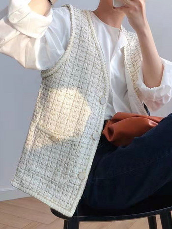 Zoki Japan Γυναικεία Γλυκό τουίντ γιλέκο Μόδα Φθινοπώρου Casual Κομψό Γιλέκο Σχέδιο Σακάκι Γραφείου Lady Loose V Neck Chic All Match Outwear