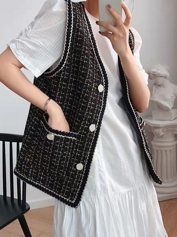 Zoki Japan Ženski slatki prsluk od tvida Modni jesenski, ležerni, elegantni prsluk Dizajn jakne za uredske dame, široki V izrez, elegantna odjeća za sve vrste