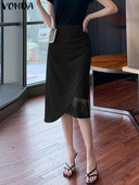 VONDA Fuste elegante de birou OL pentru femei 2023, la modă, cu talie înaltă, de culoare uni, din dantelă plisată, fuste midi, ocazional