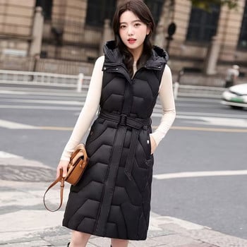 Γιλέκο μακρύ παλτό χειμωνιάτικο γυναικείο φουσκωτό γιλέκο νέο 2024 Κορεάτικη μόδα με κουκούλα φουσκωτό γιλέκο Γυναικείο αμάνικο μπουφάν