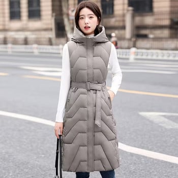 Γιλέκο μακρύ παλτό χειμωνιάτικο γυναικείο φουσκωτό γιλέκο νέο 2024 Κορεάτικη μόδα με κουκούλα φουσκωτό γιλέκο Γυναικείο αμάνικο μπουφάν