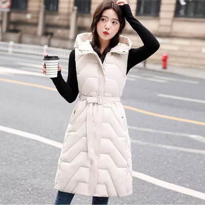 Γιλέκο μακρύ παλτό χειμωνιάτικο γυναικείο φουσκωτό γιλέκο νέο 2024 Κορεάτικη μόδα με κουκούλα φουσκωτό γιλέκο Γυναικείο αμάνικο μπουφάν