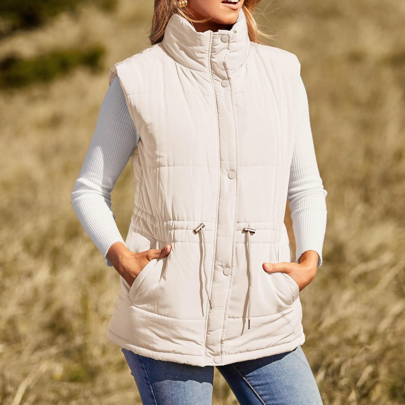 Vestă puf pentru femei, cu fermoar, cu guler vertical, fără mâneci, căptușită, haină de exterior, cu buzunare, S-3XL