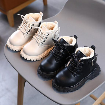 2022 Детски ежедневни обувки Есен Зима Сняг Ботуши за момчета Обувки Модни кожени меки противоплъзгащи ботуши за момичета Бебешки детски спортни обувки