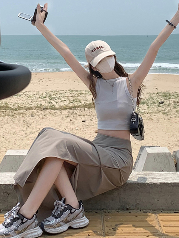 Suknje Ženske plisirane Bočne proreze Stil za plažu Odmor na moru Maxi američki stil High Street Aesthetic Ljetna sveučilišna moda Novo