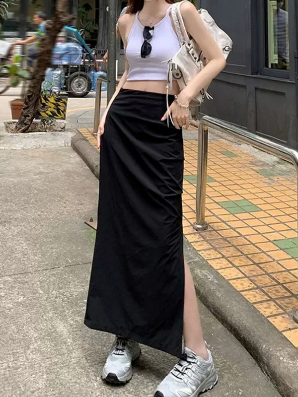 Suknje Ženske plisirane Bočne proreze Stil za plažu Odmor na moru Maxi američki stil High Street Aesthetic Ljetna sveučilišna moda Novo