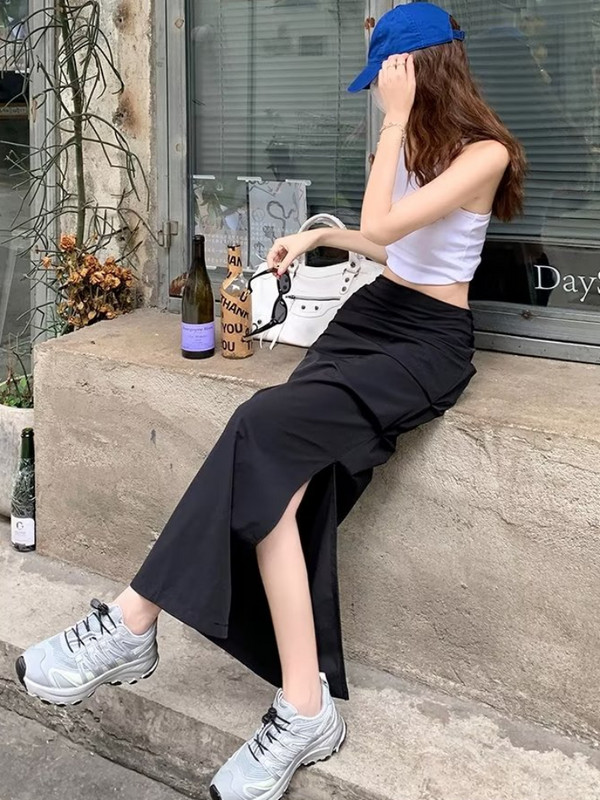 Suknje Ženske plisirane Bočne proreze Stil za plažu Odmor na moru Maxi američki stil High Street Aesthetic Ljetna sveučilišna moda Novo