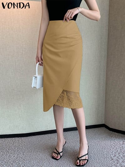 VONDA Sexy elegantné OL sukne 2023 Módne dámske vysoké pásové jednofarebné skladané čipkované patchworkové midi sukne ležérne puky