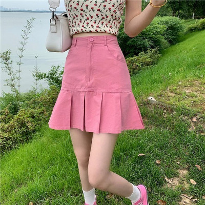 Moteriškas trumpas sijonas Naujas karštas mergaitiškas sijonas, tinkantis aukštu juosmeniu, plonas A formos sijonas grynos spalvos trumpas sijonas