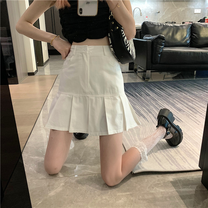 Moteriškas trumpas sijonas Naujas karštas mergaitiškas sijonas, tinkantis aukštu juosmeniu, plonas A formos sijonas grynos spalvos trumpas sijonas