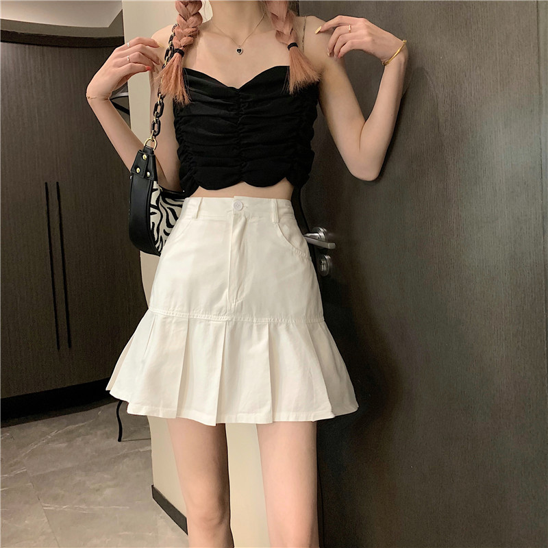 Moteriškas trumpas sijonas Naujas karštas mergaitiškas sijonas, tinkantis aukštu juosmeniu, plonas A formos sijonas grynos spalvos trumpas sijonas