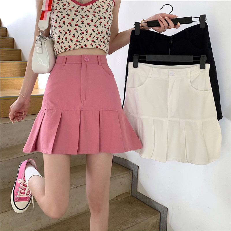 Moteriškas trumpas sijonas Naujas karštas mergaitiškas sijonas, tinkantis aukštu juosmeniu, plonas A formos sijonas grynos spalvos trumpas sijonas