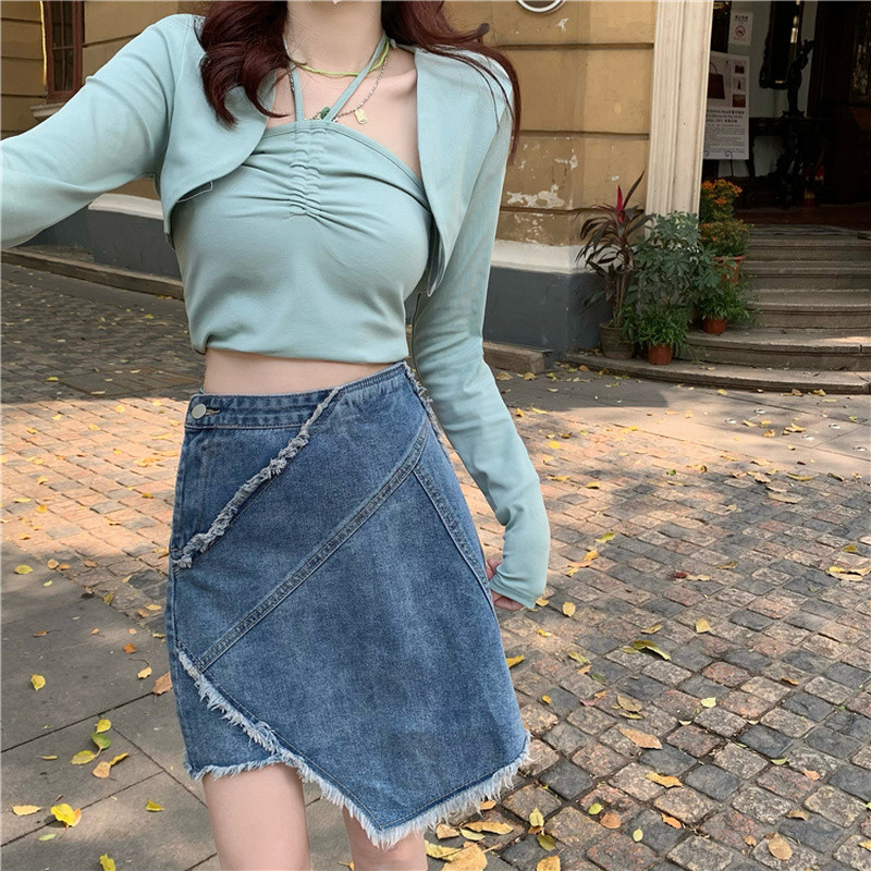 Nepravilna traper suknja 2022. Nova ljetna niša suknja visokog struka Suknja A-kroja Kratka suknja Modne šik široke jeans suknje