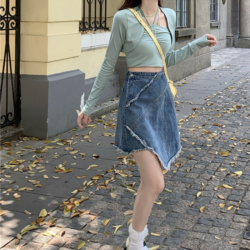 Nepravilna traper suknja 2022. Nova ljetna niša suknja visokog struka Suknja A-kroja Kratka suknja Modne šik široke jeans suknje