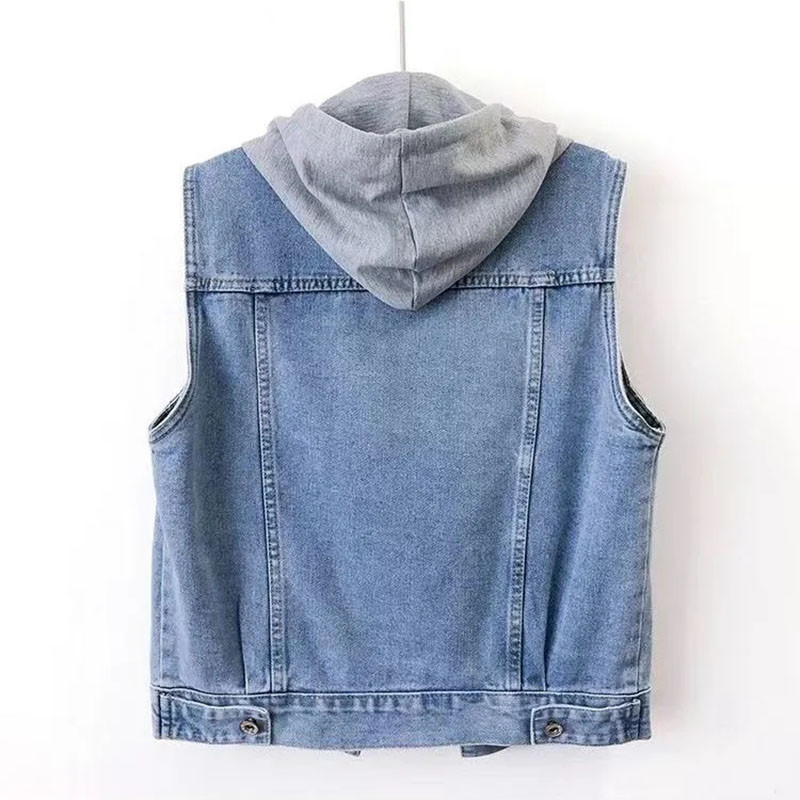 Moteriškos džinsinės liemenės su gobtuvu, laisvalaikio nuimama skrybėlė be rankovių striukės atvartas Trumpas Jean Chalecos Wash mėlynas kaubojus liemenė