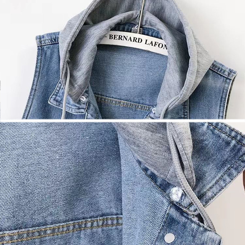Moteriškos džinsinės liemenės su gobtuvu, laisvalaikio nuimama skrybėlė be rankovių striukės atvartas Trumpas Jean Chalecos Wash mėlynas kaubojus liemenė