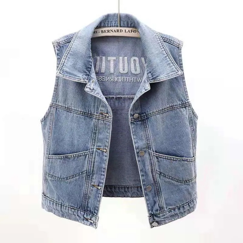 Veste vintage negru din denim, broderie pentru femei, ocazional, jachete fără mâneci, supradimensionate, 5xl, spalat, vestă de blugi Streetwear, scurtă Chaleco