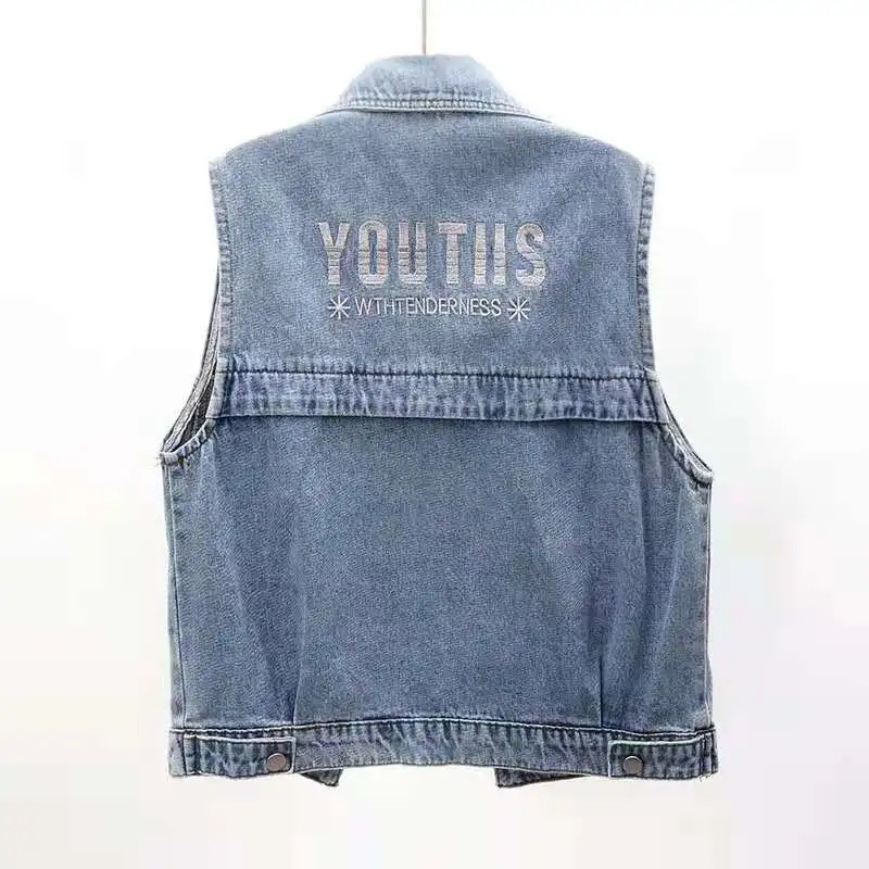 Veste vintage negru din denim, broderie pentru femei, ocazional, jachete fără mâneci, supradimensionate, 5xl, spalat, vestă de blugi Streetwear, scurtă Chaleco