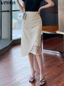 Elegantne OL suknje visokog struka VONDA 2023 Modne ženske jednobojne plisirane čipkane midi suknje Ležerne pupoljke Femme