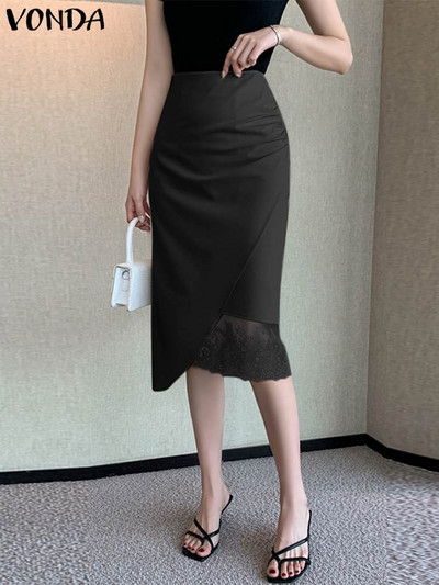 Elegantne OL suknje visokog struka VONDA 2023 Modne ženske jednobojne plisirane čipkane midi suknje Ležerne pupoljke Femme