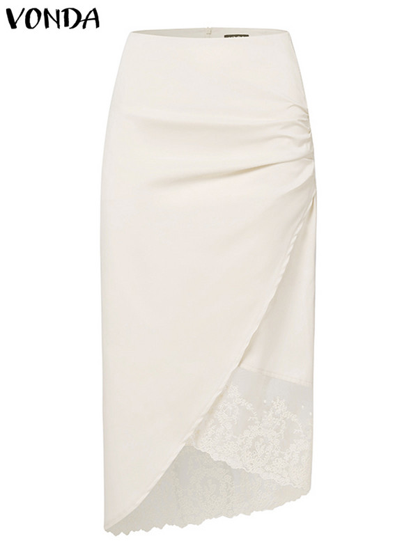 Elegantne OL suknje visokog struka VONDA 2023 Modne ženske jednobojne plisirane čipkane midi suknje Ležerne pupoljke Femme