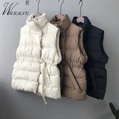 Ultralagani dizajn, samostojeći ovratnik, donji prsluk, šik remen, ženska jakna bez rukava, korejski topli podstavljeni prsluk, jednobojne parke otporne na vjetar