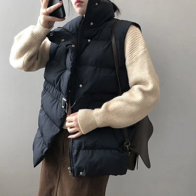 Ultralagani dizajn, samostojeći ovratnik, donji prsluk, šik remen, ženska jakna bez rukava, korejski topli podstavljeni prsluk, jednobojne parke otporne na vjetar
