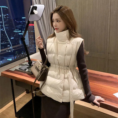 Ultralagani dizajn, samostojeći ovratnik, donji prsluk, šik remen, ženska jakna bez rukava, korejski topli podstavljeni prsluk, jednobojne parke otporne na vjetar