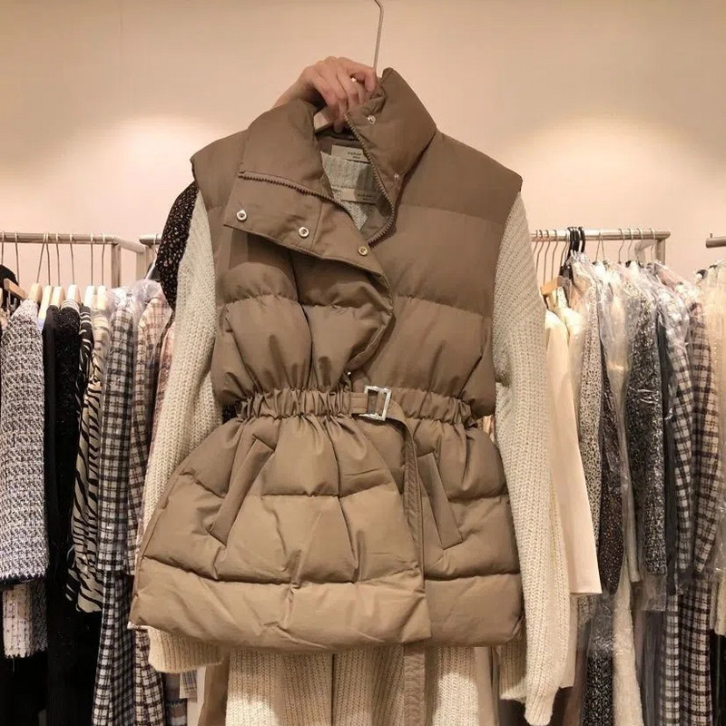 Ultralagani dizajn, samostojeći ovratnik, donji prsluk, šik remen, ženska jakna bez rukava, korejski topli podstavljeni prsluk, jednobojne parke otporne na vjetar