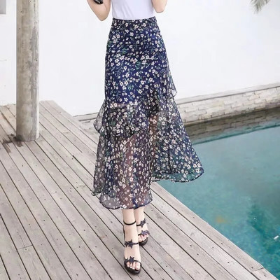 Cvjetna suknja od šifona Ženska nepravilna elegantna visoka struka Ležerna midi korejska modna ženska suknja s printom ribljeg repa s volanima Saias