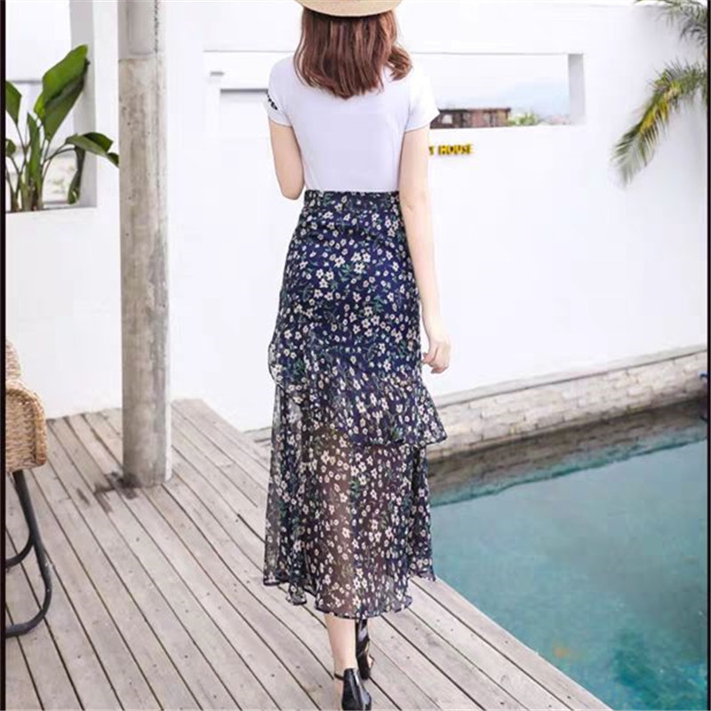 Cvjetna suknja od šifona Ženska nepravilna elegantna visoka struka Ležerna midi korejska modna ženska suknja s printom ribljeg repa s volanima Saias