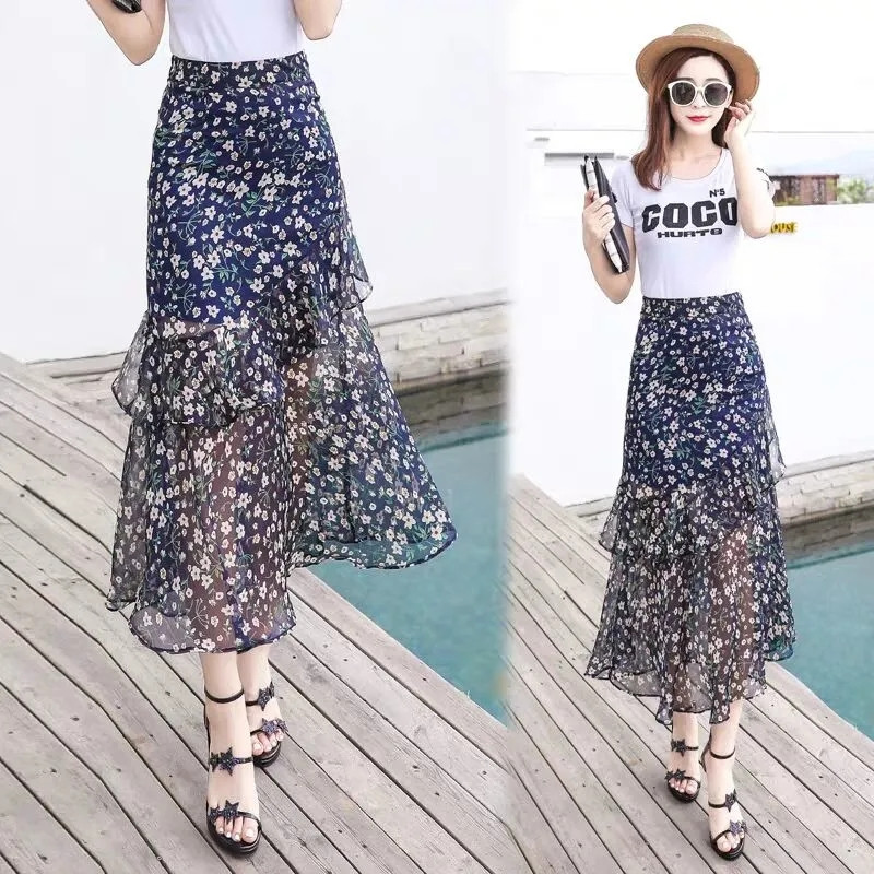 Cvjetna suknja od šifona Ženska nepravilna elegantna visoka struka Ležerna midi korejska modna ženska suknja s printom ribljeg repa s volanima Saias