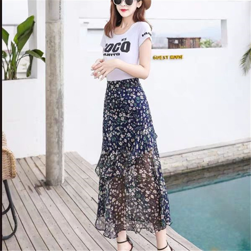 Cvjetna suknja od šifona Ženska nepravilna elegantna visoka struka Ležerna midi korejska modna ženska suknja s printom ribljeg repa s volanima Saias