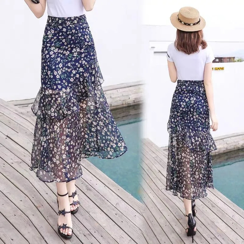 Cvjetna suknja od šifona Ženska nepravilna elegantna visoka struka Ležerna midi korejska modna ženska suknja s printom ribljeg repa s volanima Saias