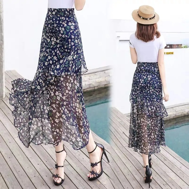 Cvjetna suknja od šifona Ženska nepravilna elegantna visoka struka Ležerna midi korejska modna ženska suknja s printom ribljeg repa s volanima Saias