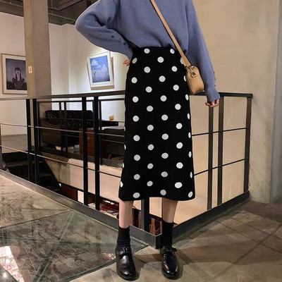 Žene 2021 Jesen Zima Nove pletene suknje na točkice Ženske midi duge uske suknje Ženske suknje visokog struka Split paket A61
