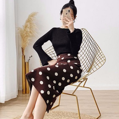 Žene 2021 Jesen Zima Nove pletene suknje na točkice Ženske midi duge uske suknje Ženske suknje visokog struka Split paket A61