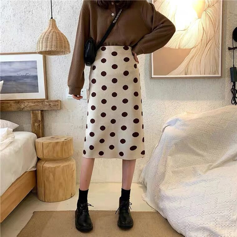 Žene 2021 Jesen Zima Nove pletene suknje na točkice Ženske midi duge uske suknje Ženske suknje visokog struka Split paket A61