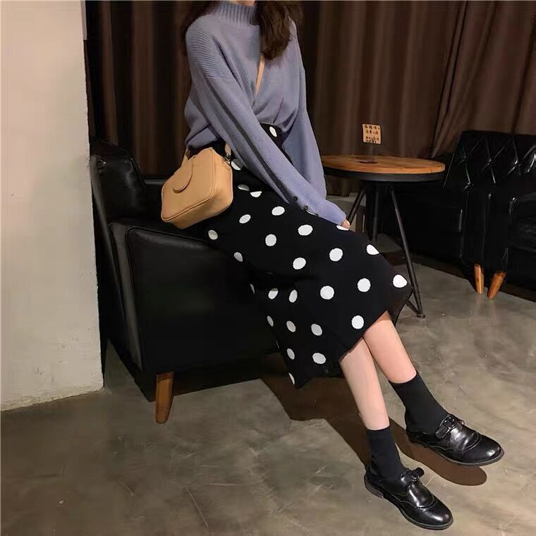 Žene 2021 Jesen Zima Nove pletene suknje na točkice Ženske midi duge uske suknje Ženske suknje visokog struka Split paket A61
