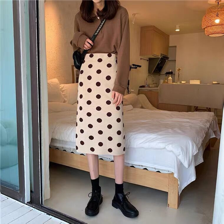 Žene 2021 Jesen Zima Nove pletene suknje na točkice Ženske midi duge uske suknje Ženske suknje visokog struka Split paket A61