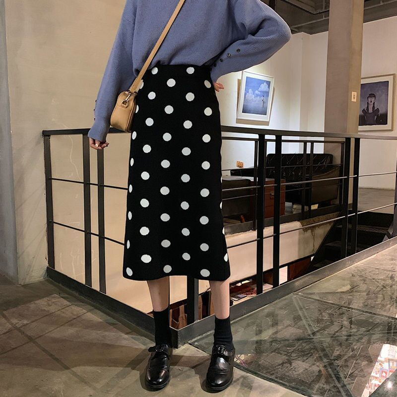 Žene 2021 Jesen Zima Nove pletene suknje na točkice Ženske midi duge uske suknje Ženske suknje visokog struka Split paket A61