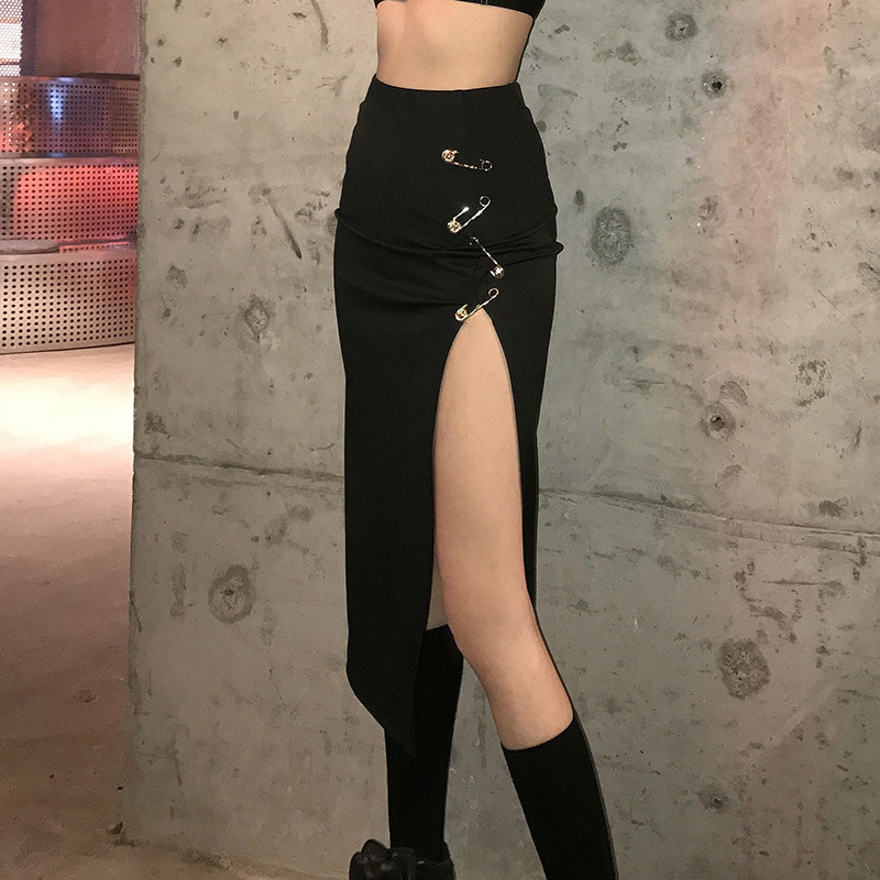 Tonngirls High Street Style Pin Fusta decorativă subțire Jumătate cu talie înaltă Fusta sexy cu șold despicat pentru femei Streetwear Fuste pentru doamne