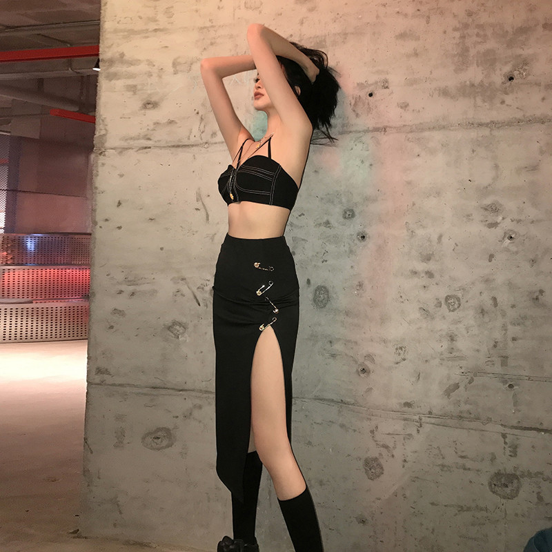 Tonngirls High Street Style Pin Fusta decorativă subțire Jumătate cu talie înaltă Fusta sexy cu șold despicat pentru femei Streetwear Fuste pentru doamne