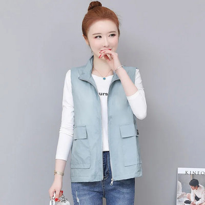 Vestă de vară subțire cu guler pentru femei, culoare caramelă, supradimensionată, 5xl, largi, fără mâneci, cu fermoar, vestă ușoară, căptușită, casual