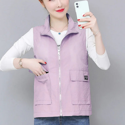 Vestă de vară subțire cu guler pentru femei, culoare caramelă, supradimensionată, 5xl, largi, fără mâneci, cu fermoar, vestă ușoară, căptușită, casual