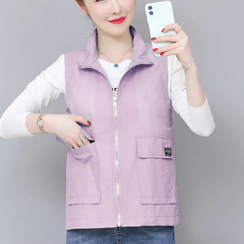 Vestă de vară subțire cu guler pentru femei, culoare caramelă, supradimensionată, 5xl, largi, fără mâneci, cu fermoar, vestă ușoară, căptușită, casual