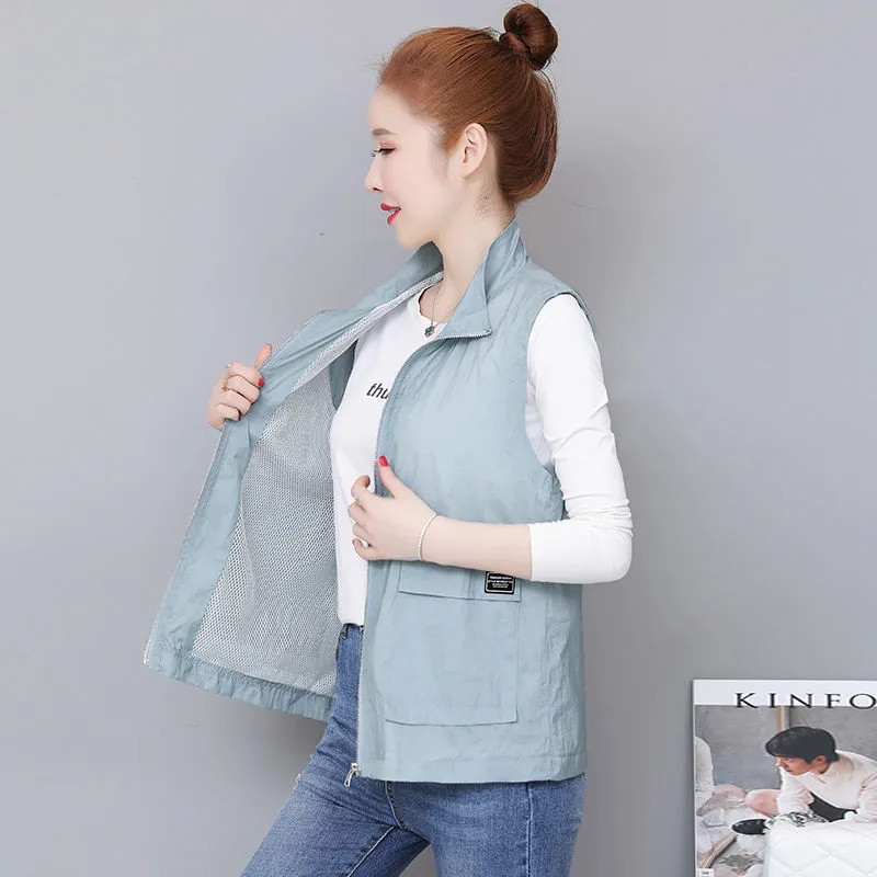 Vestă de vară subțire cu guler pentru femei, culoare caramelă, supradimensionată, 5xl, largi, fără mâneci, cu fermoar, vestă ușoară, căptușită, casual